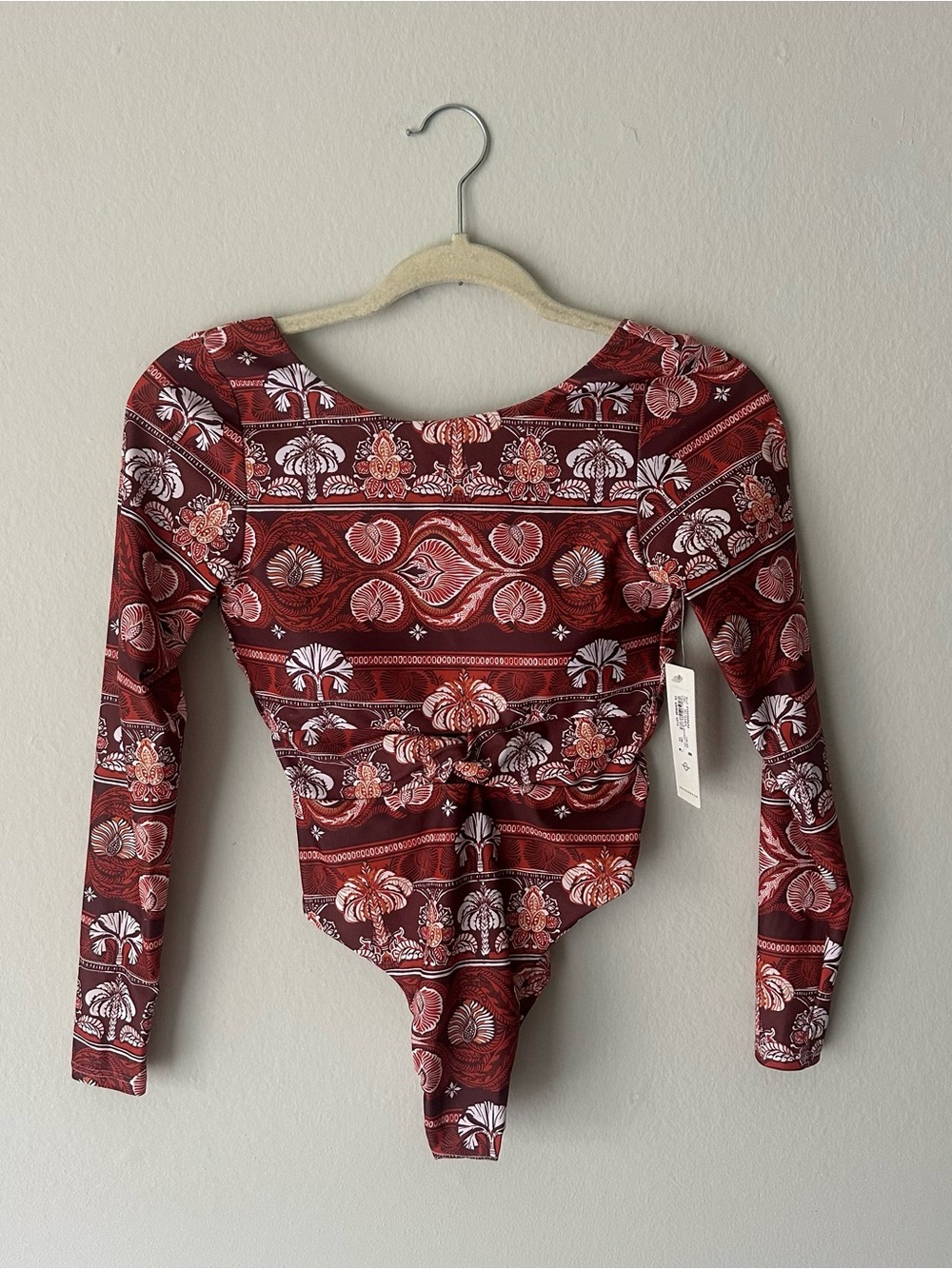 Phax Twist Front Long Sleeve Warm Brown Printed Swimsuit XS NWT
